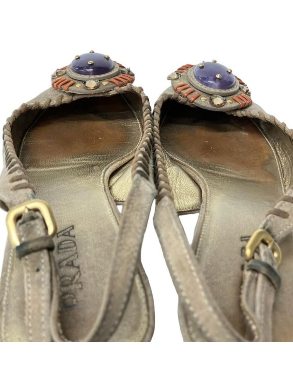 Prada Sandals 36 Light Brown Orange Studded Bijou Color Stone Leather - Picture 9 of 9